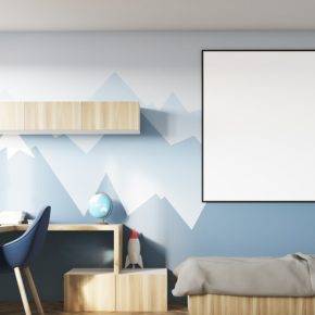 Kids room with poster and mountain wall